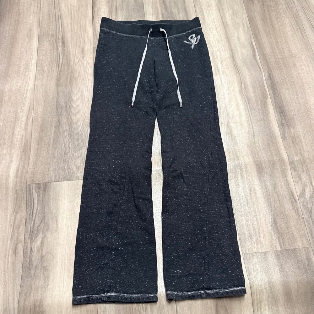 Southpole Women Black Speckled Rhinestone Logo Wide Leg Sweatpants Size M